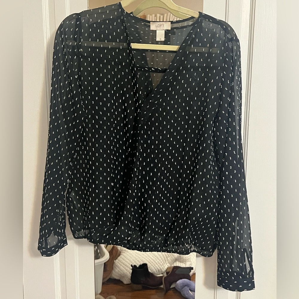LOFT Black Sheer Blouse with White Dots